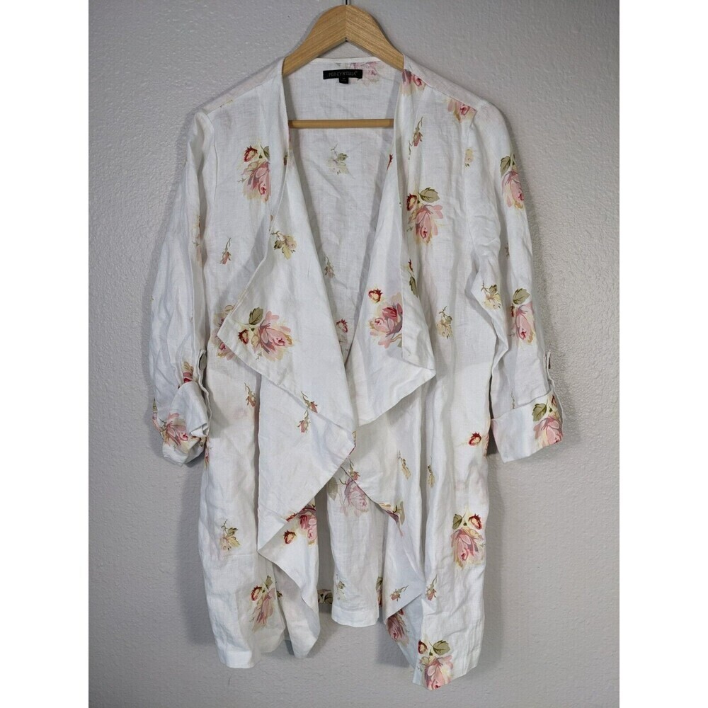 For Cynthia white Floral Print Draped Front Linen Lightweight Jacket Size M‎ N64
